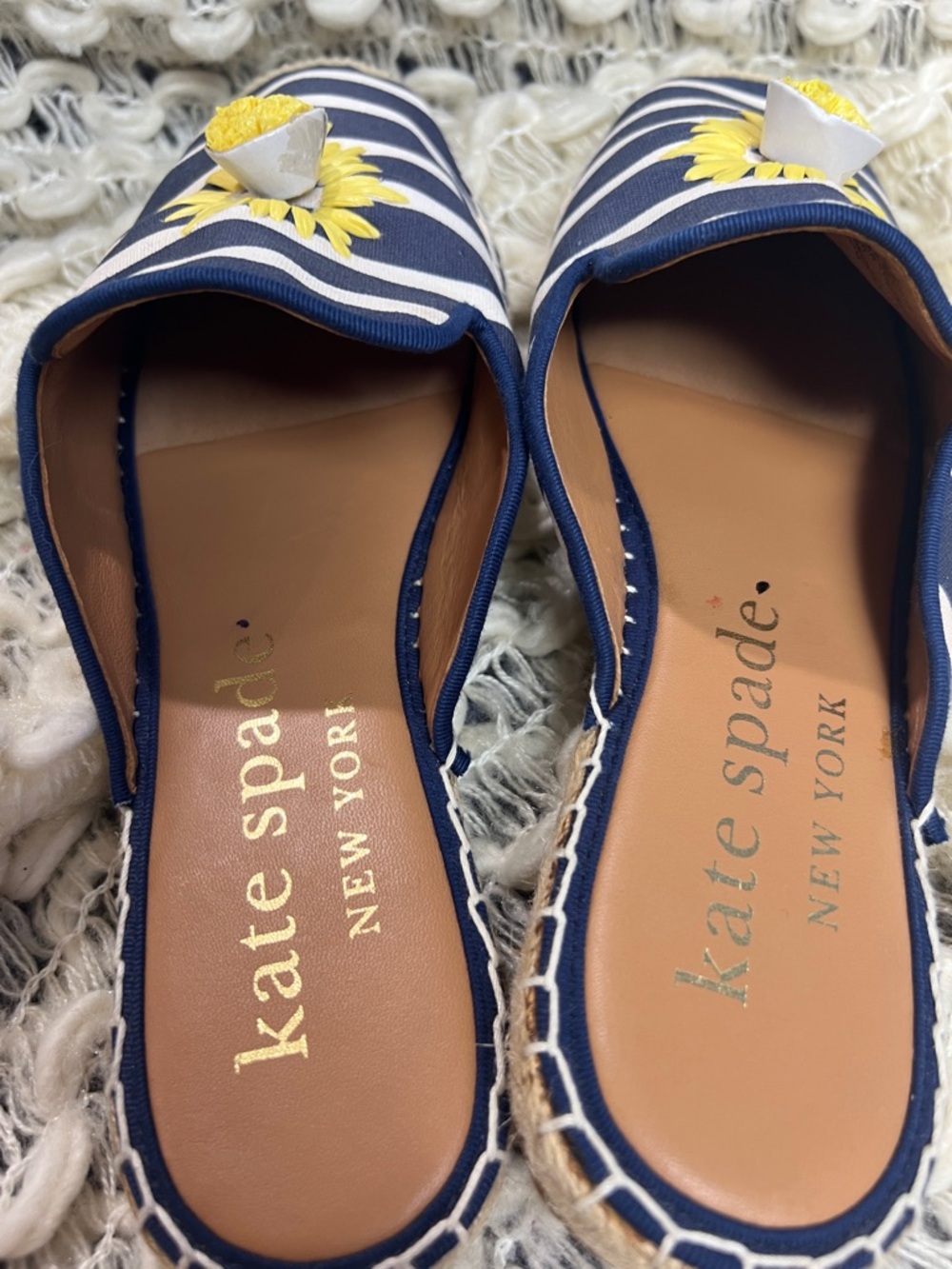 kate spade Navy & White Solero Striped Espadrille Mules Yellow Floral Applique - Picture 8 of 10